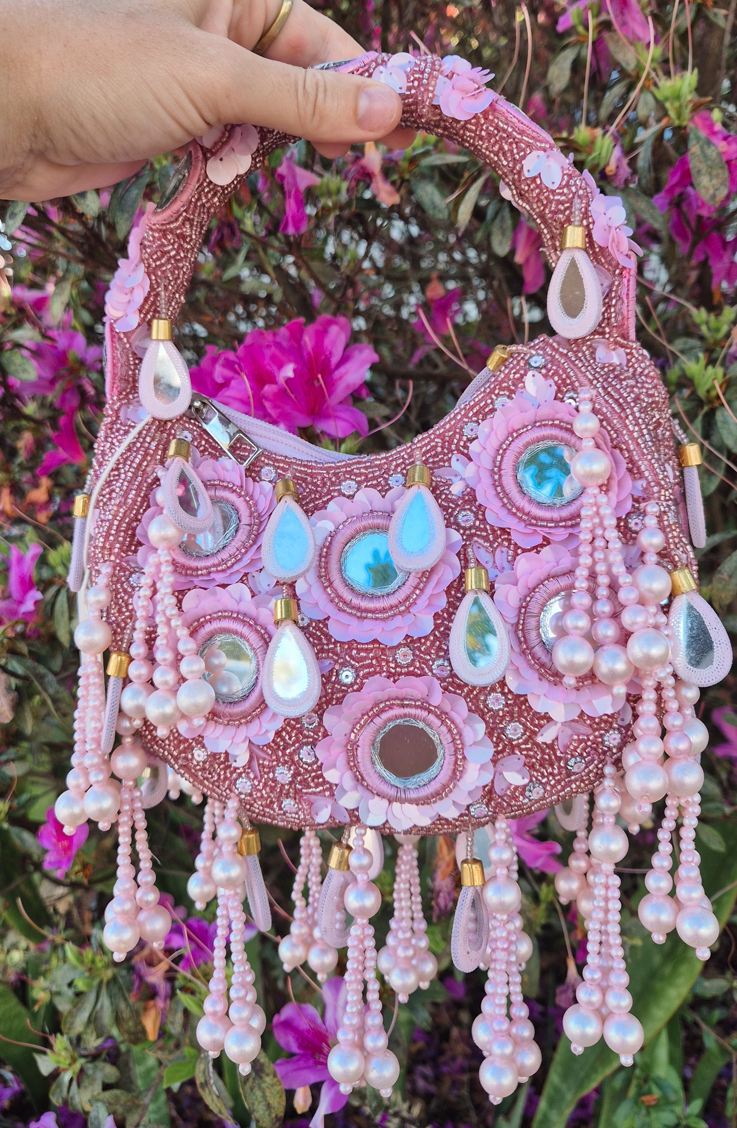 Handbag Mirror Tassle Embellished Bag Pink