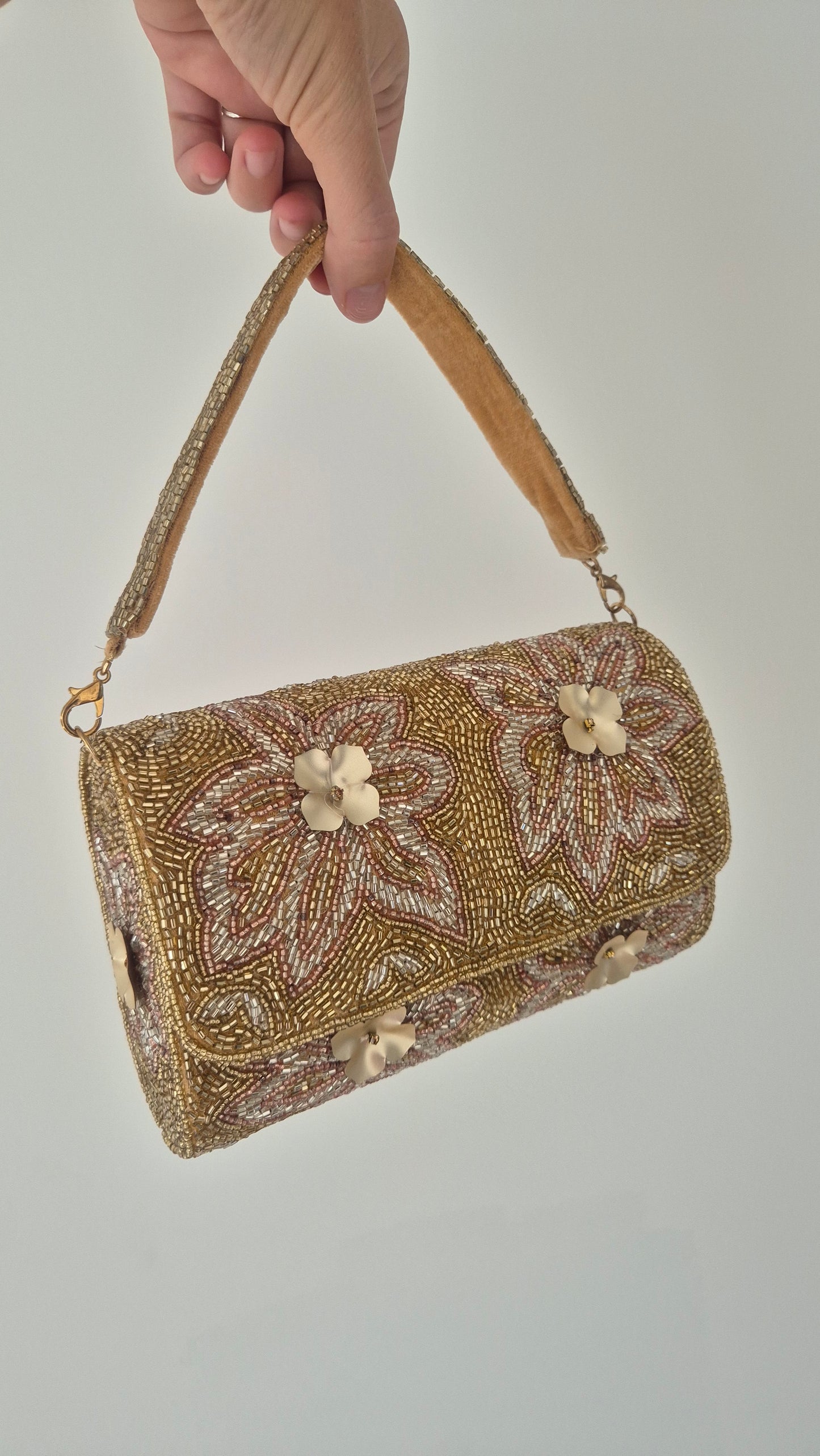 Handbag Flower Embellished Beaded Bag Gold