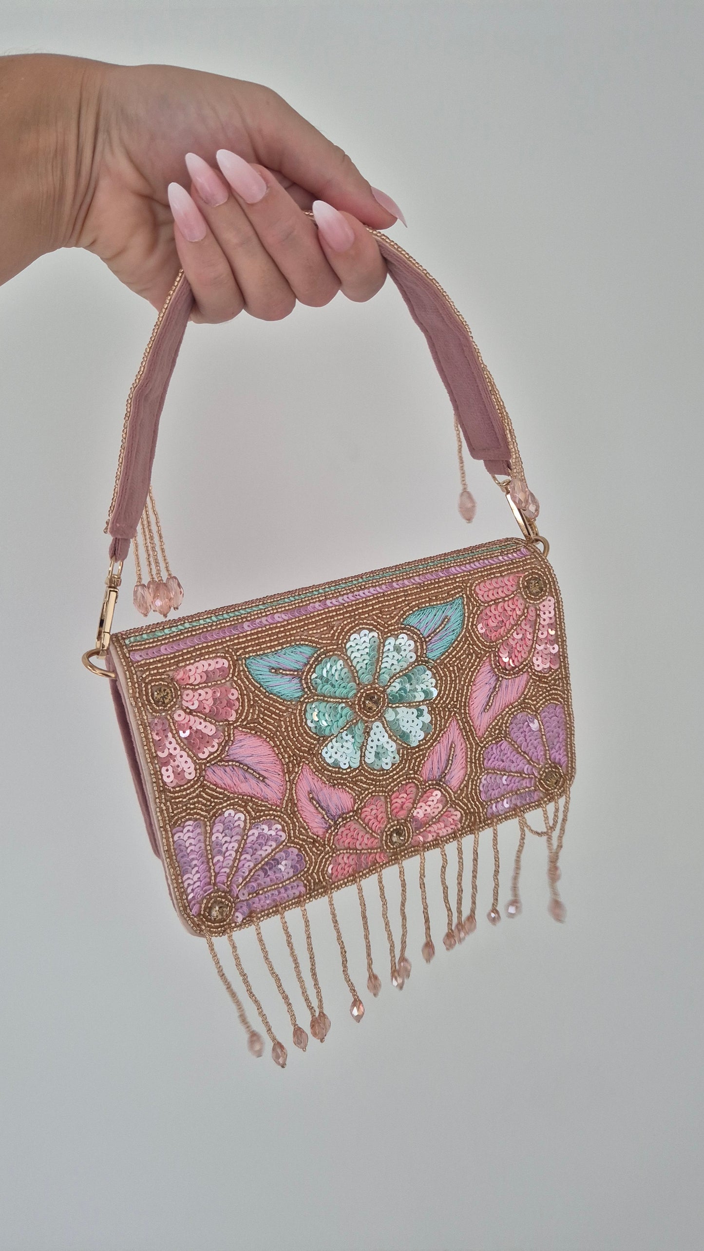 Handbag Flower Tassel Sequin Pink Beaded Bag
