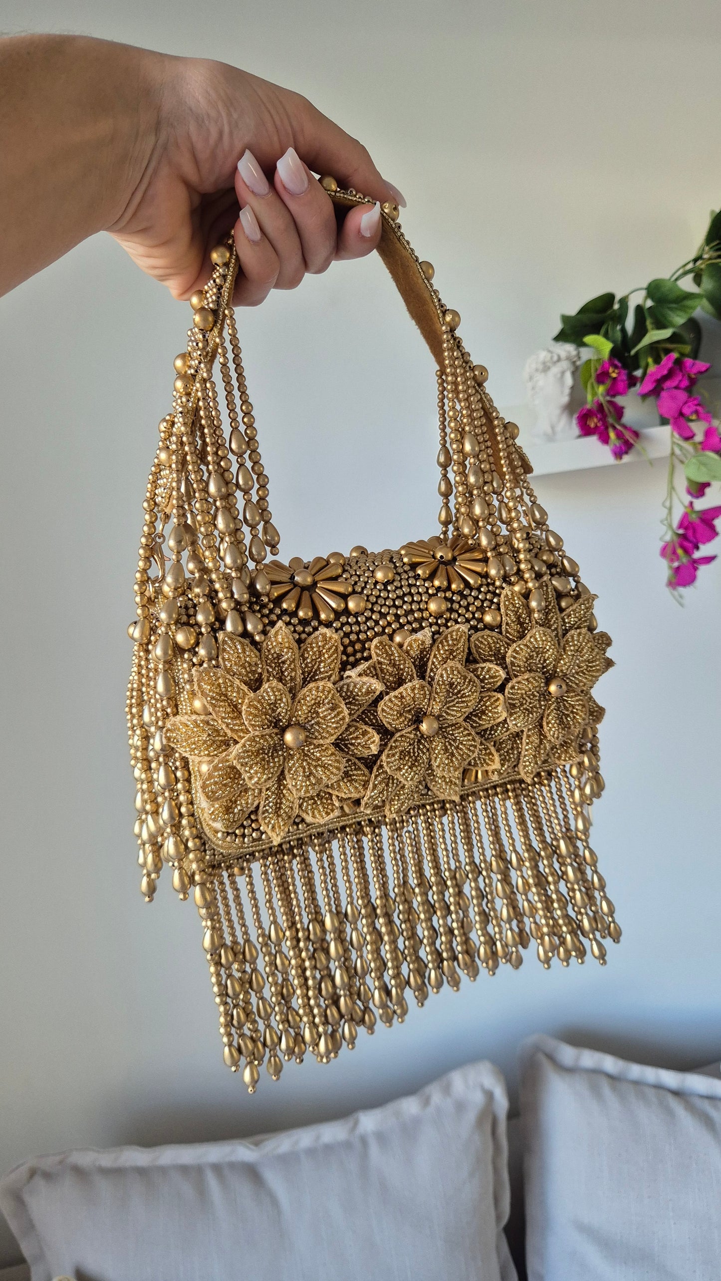 Handbag Flower Heavily Beaded Bag Mocha