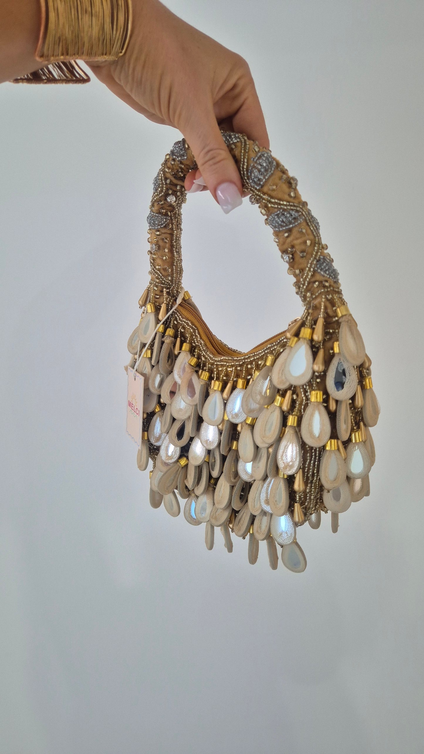 Handbag Mirror Moon Tassel Embellished Bag Gold