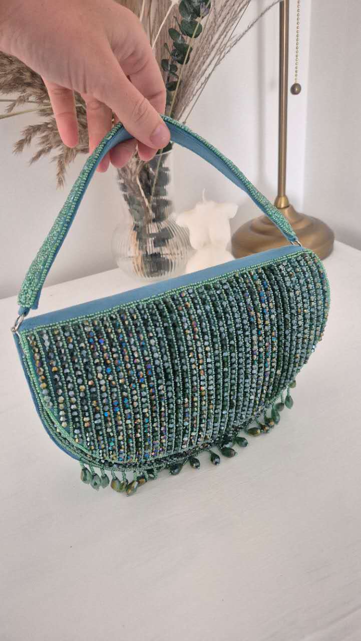 Beaded Handbag in Aqua Green Underarm With Tassles
