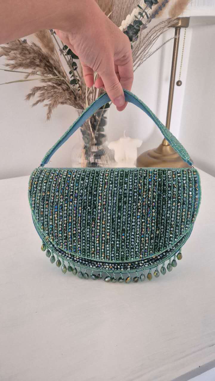 Beaded Handbag in Aqua Green Underarm With Tassles
