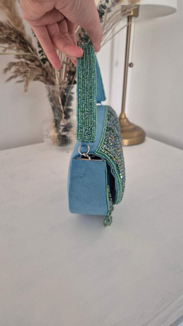 Beaded Handbag in Aqua Green Underarm With Tassles
