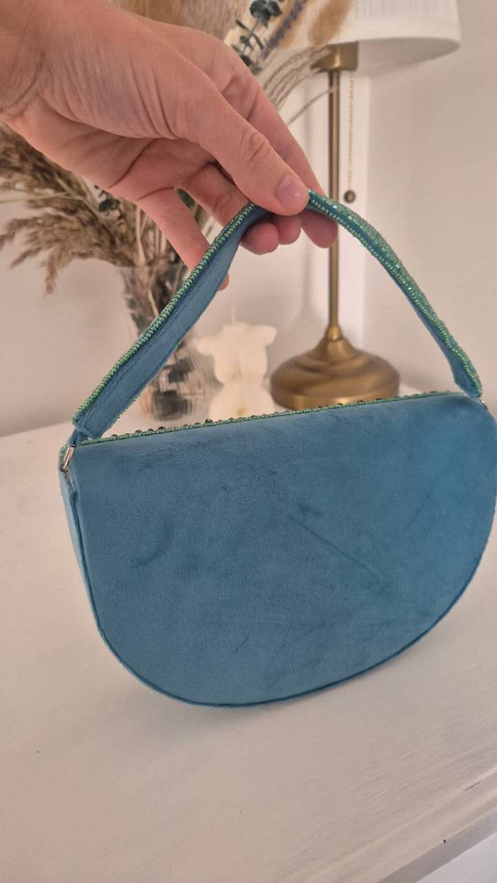 Beaded Handbag in Aqua Green Underarm With Tassles
