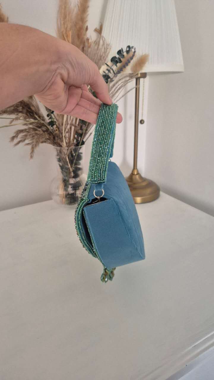 Beaded Handbag in Aqua Green Underarm With Tassles