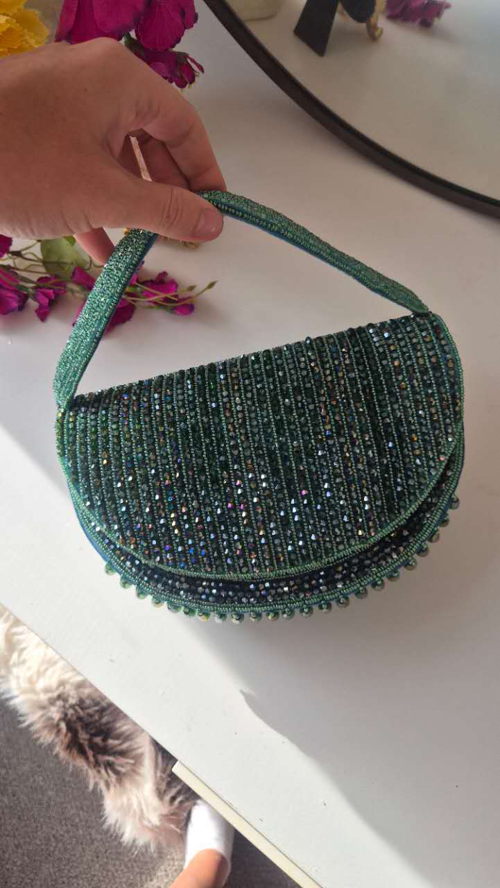 Beaded Handbag in Aqua Green Underarm With Tassles