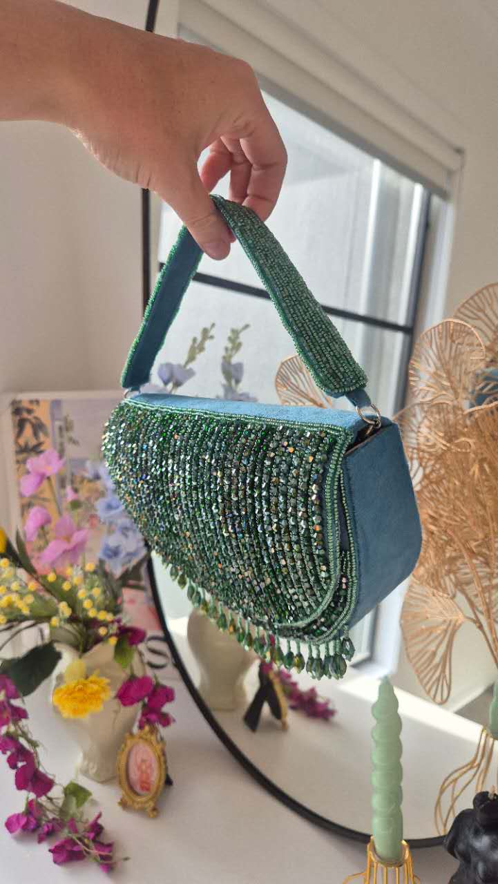 Beaded Handbag in Aqua Green Underarm With Tassles