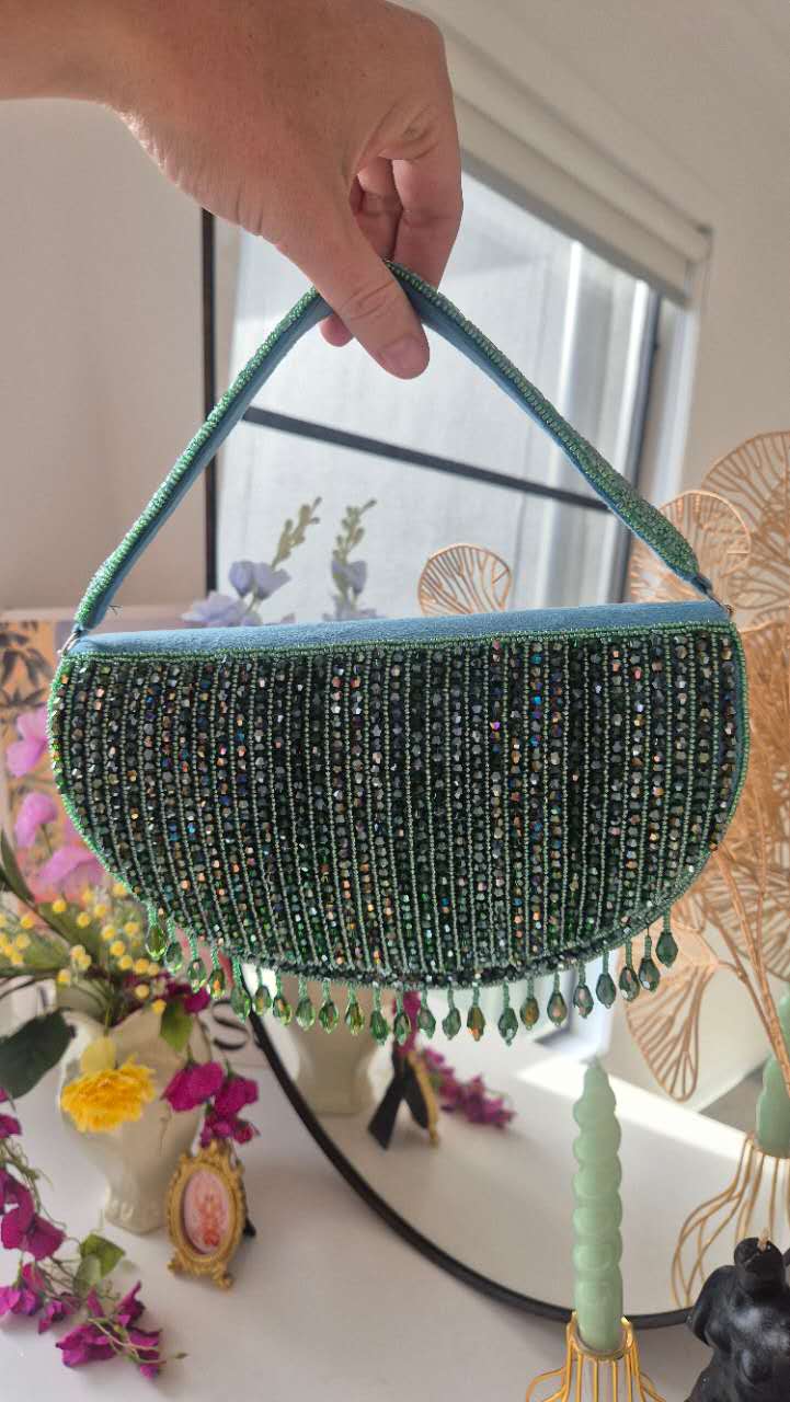 Beaded Handbag in Aqua Green Underarm With Tassles