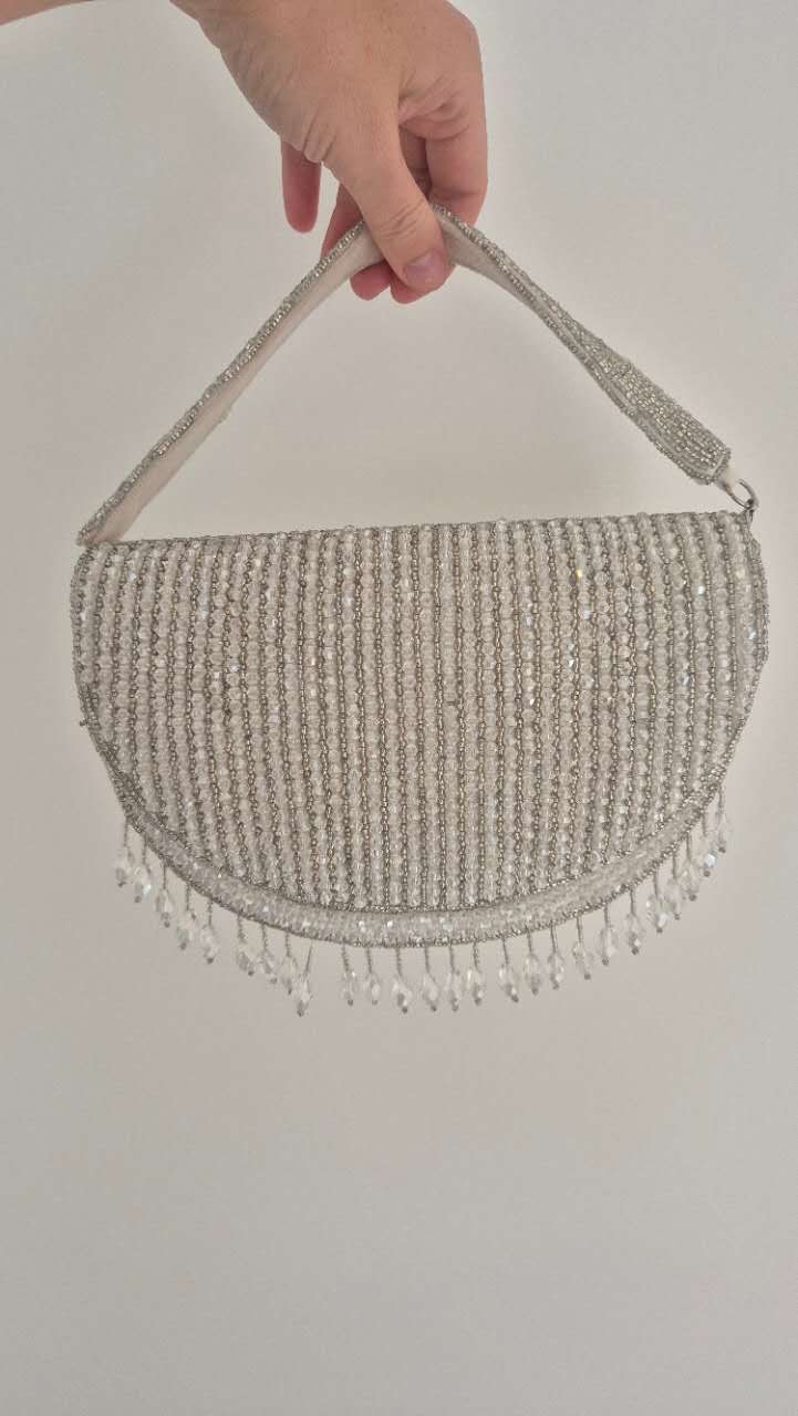 Beaded Handbag in White Underarm With Tassles