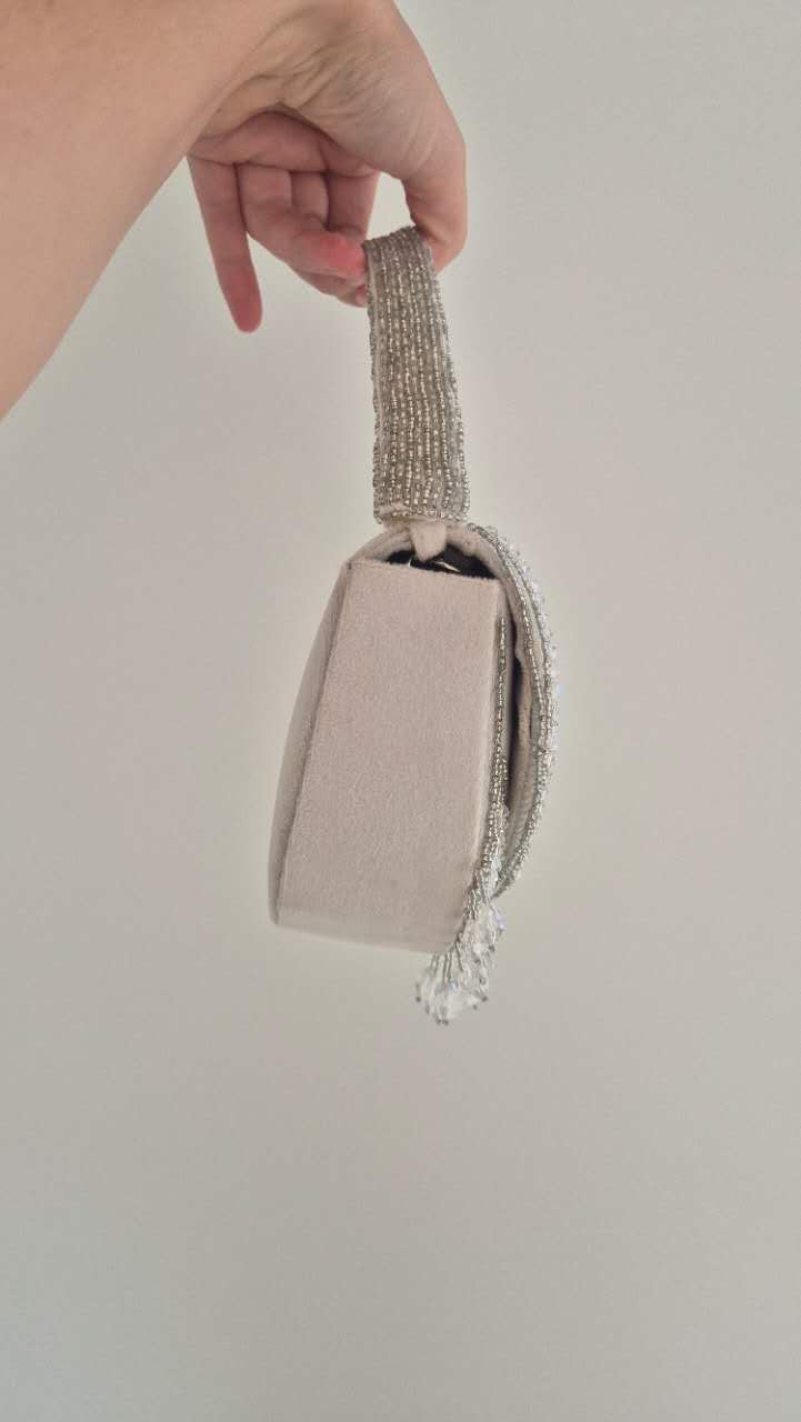 Beaded Handbag in White Underarm With Tassles