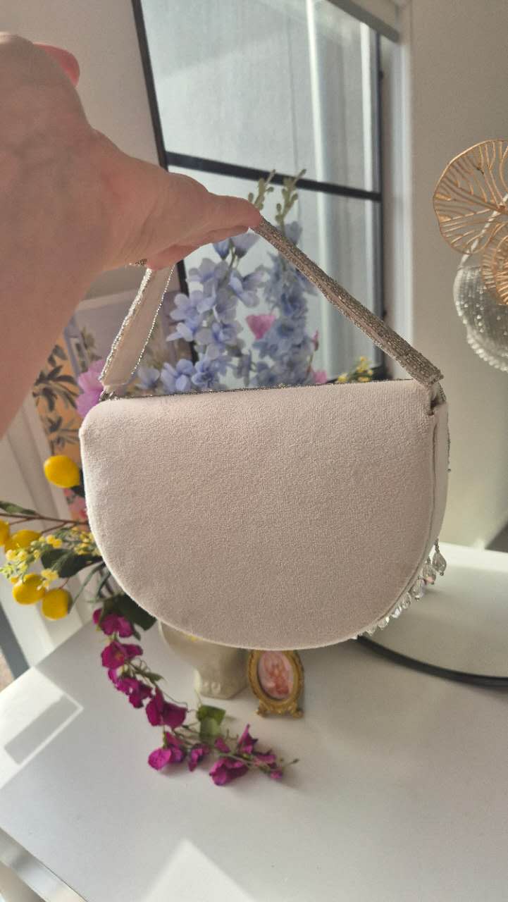 Beaded Handbag in White Underarm With Tassles