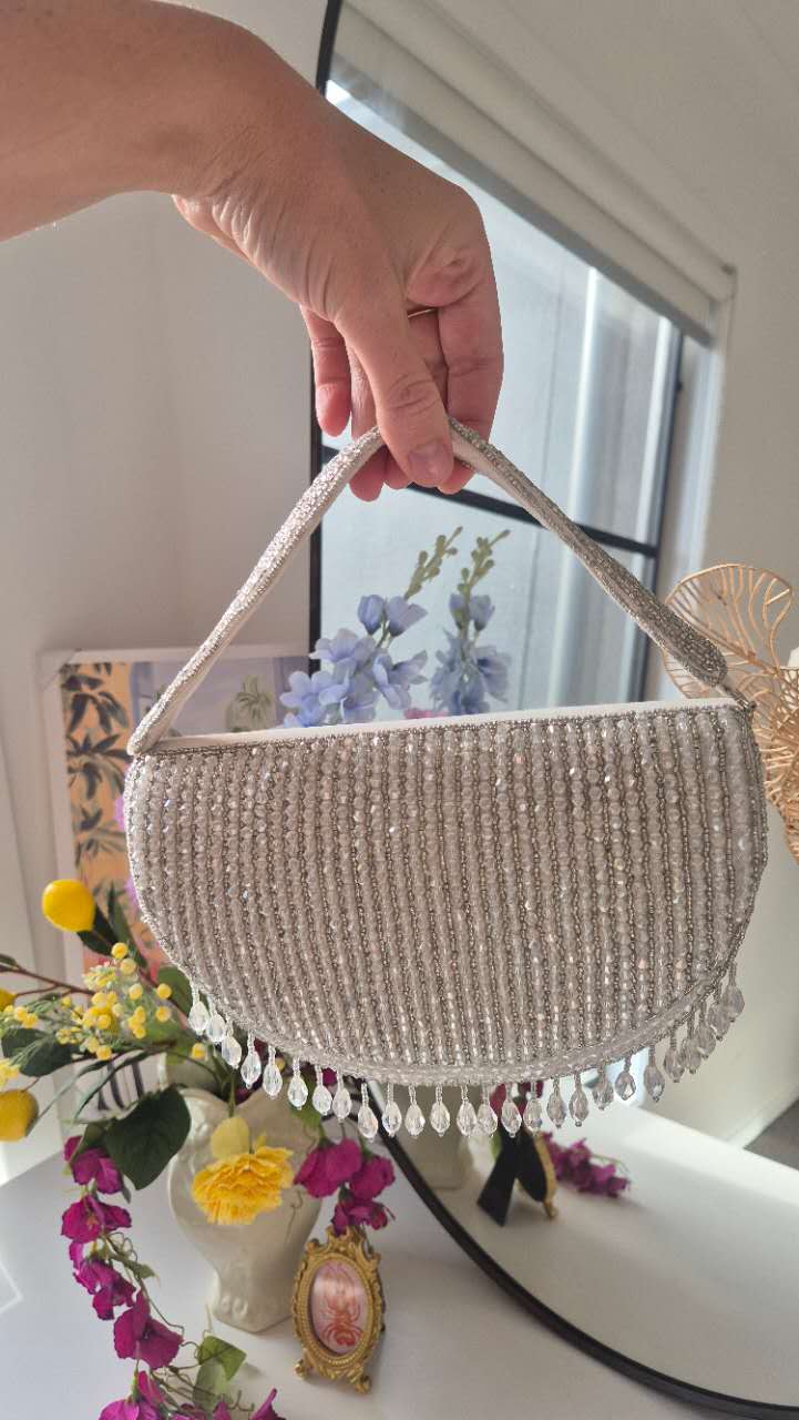 Beaded Handbag in White Underarm With Tassles