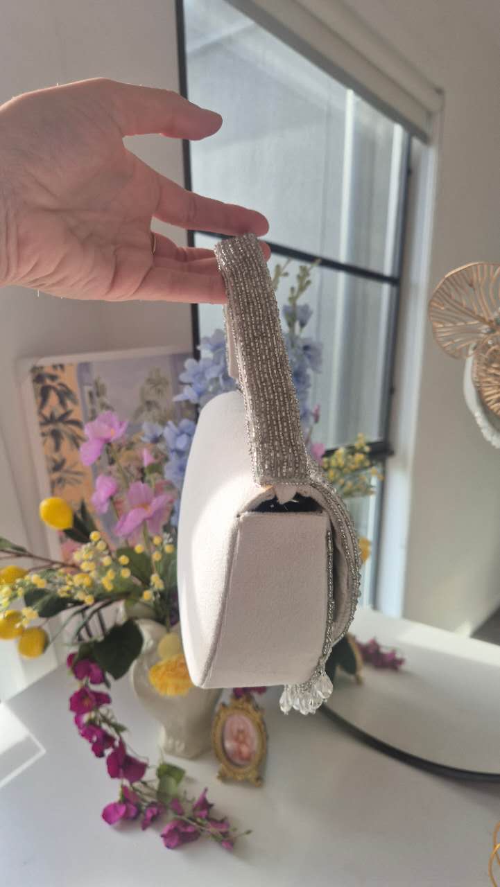 Beaded Handbag in White Underarm With Tassles