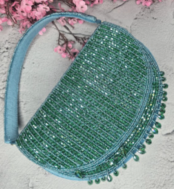 Beaded Handbag in Aqua Green Underarm With Tassles