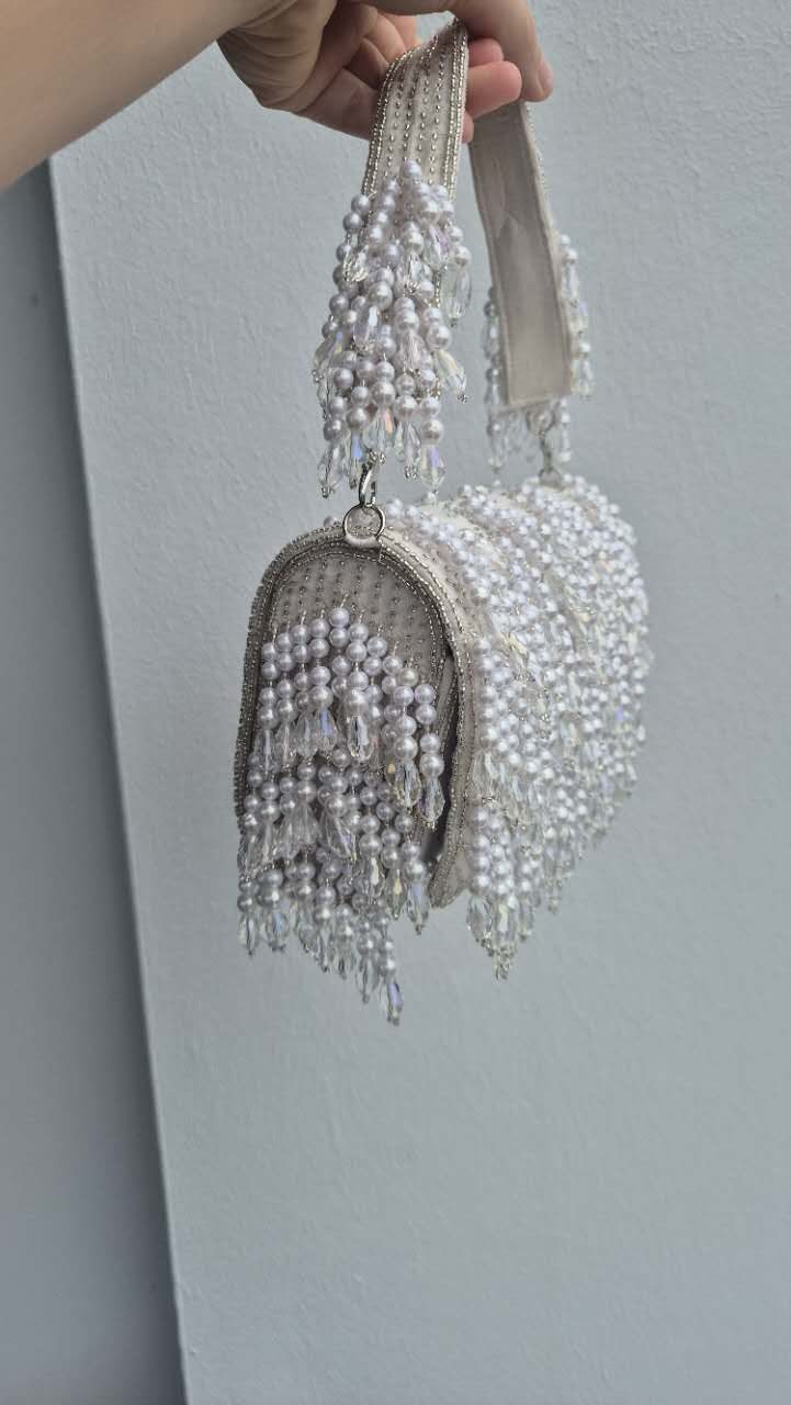 Beaded Pearl Handbag in white Underarm With Tassles