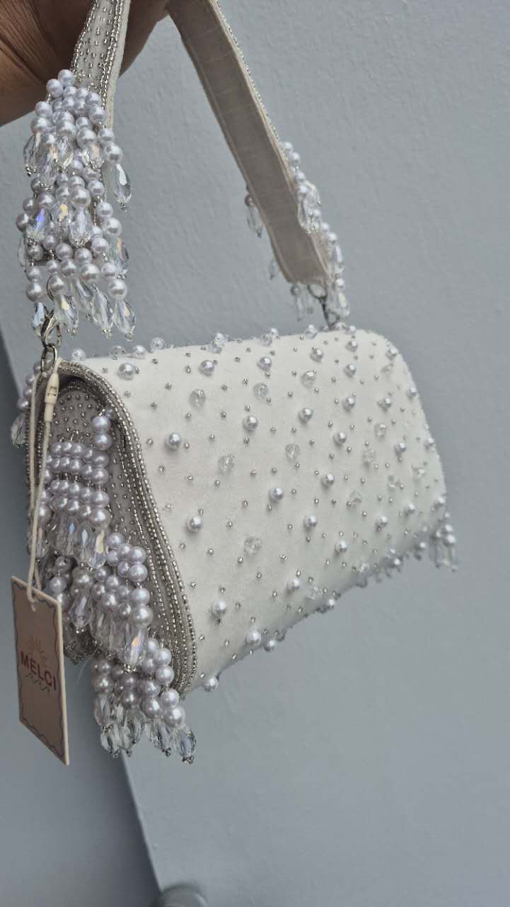 Beaded Pearl Handbag in white Underarm With Tassles