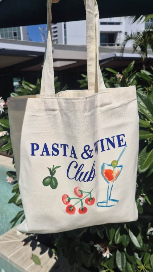Tote Bag Cute Pasta and Wine Hand Painted