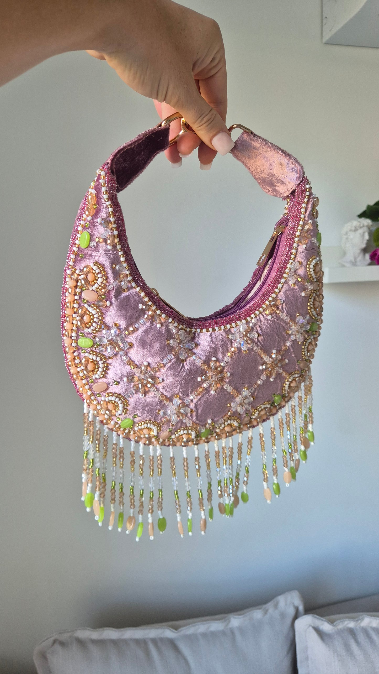 Ibiza Handbag Pink Beaded Tassel Moon