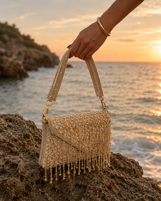 Handbag Beaded Tassel Drop Pearl Oyster Cream Bag