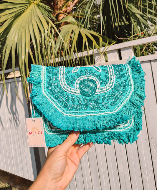 Handbag Beaded Embellished Tassle Clutch Aqua