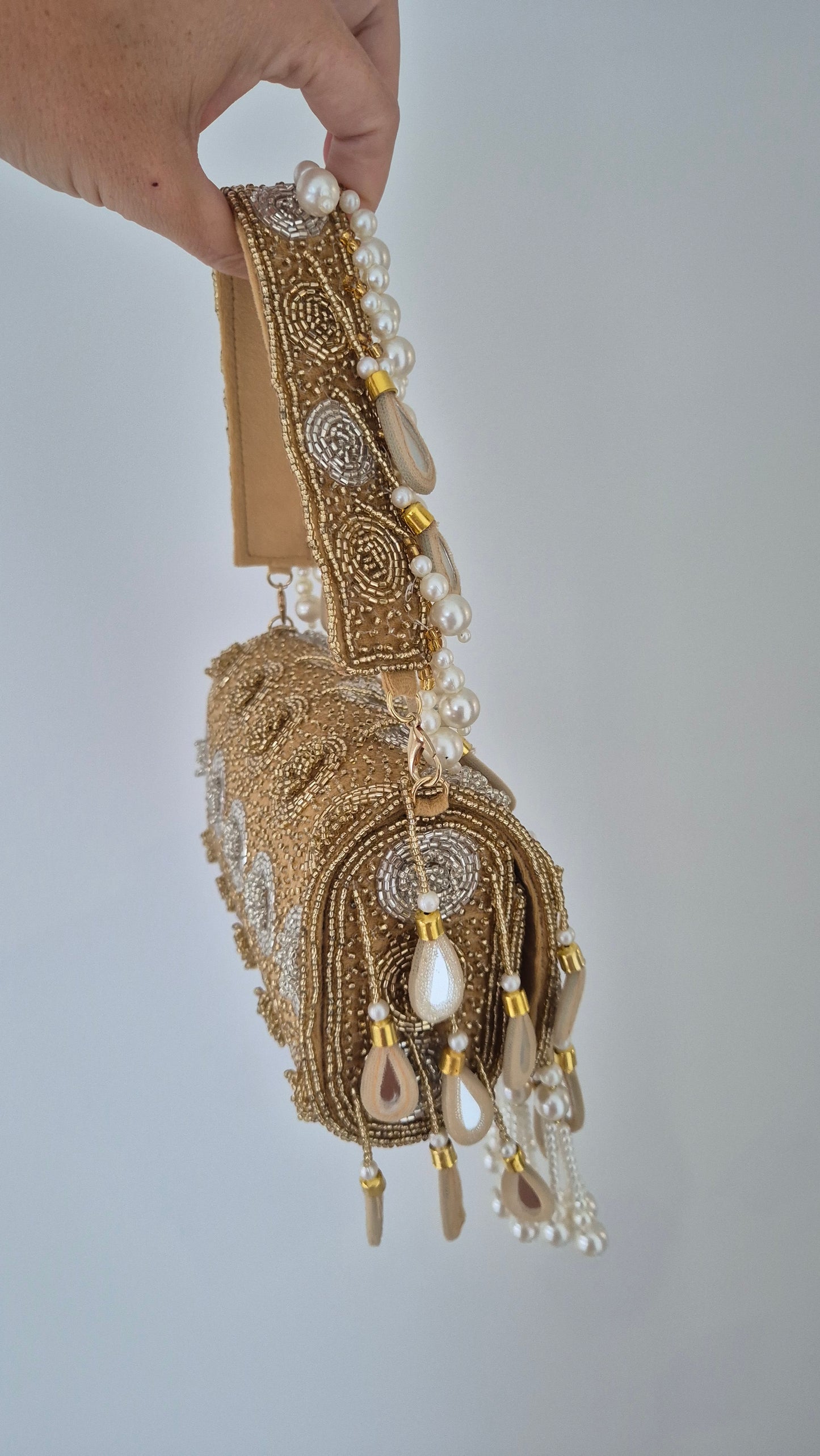 Handbag Beaded Tassel Embellished Champagne Gold Bag