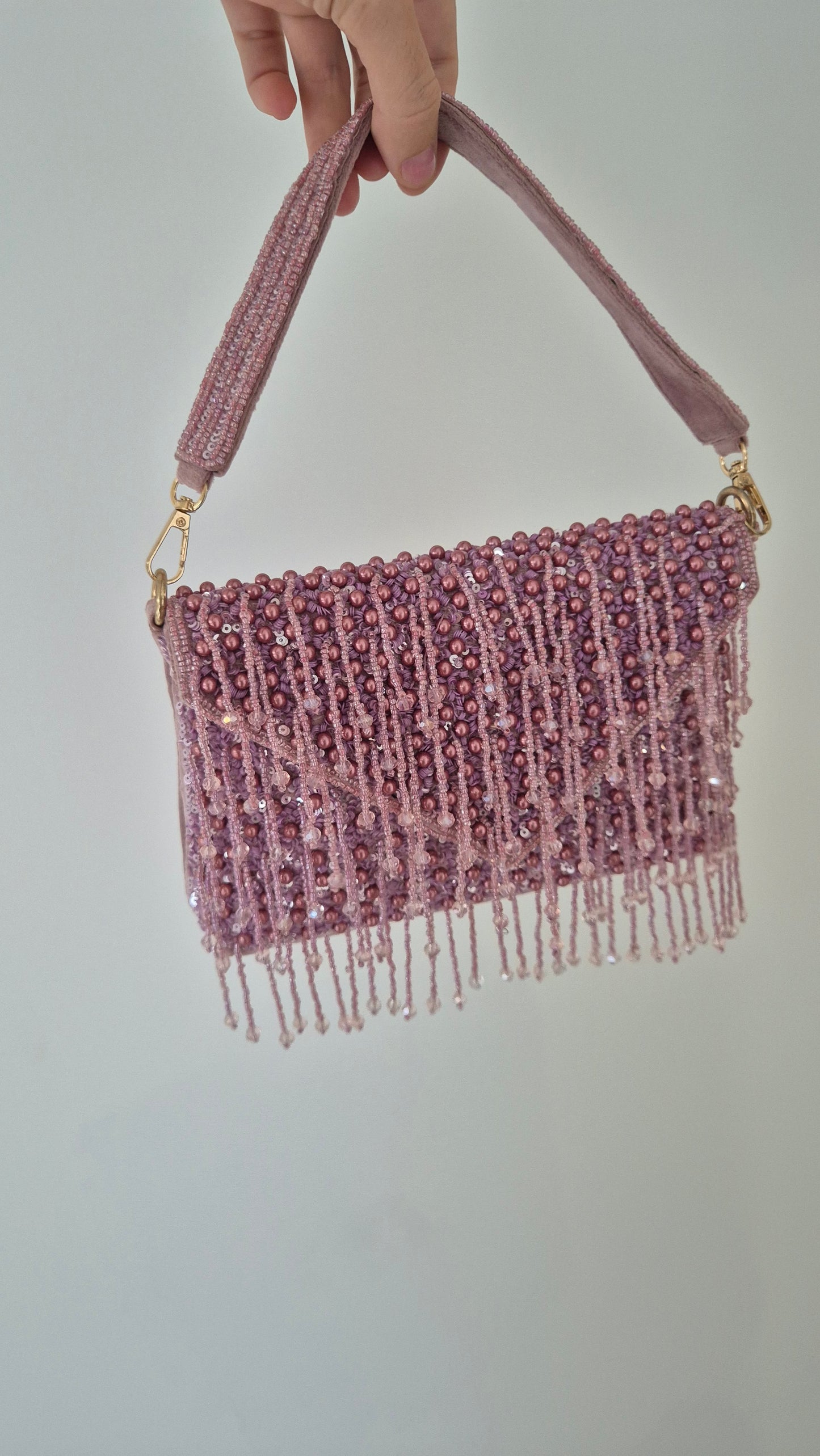 Handbag Beaded Tassel Drop Pearl Berry Pink Bag