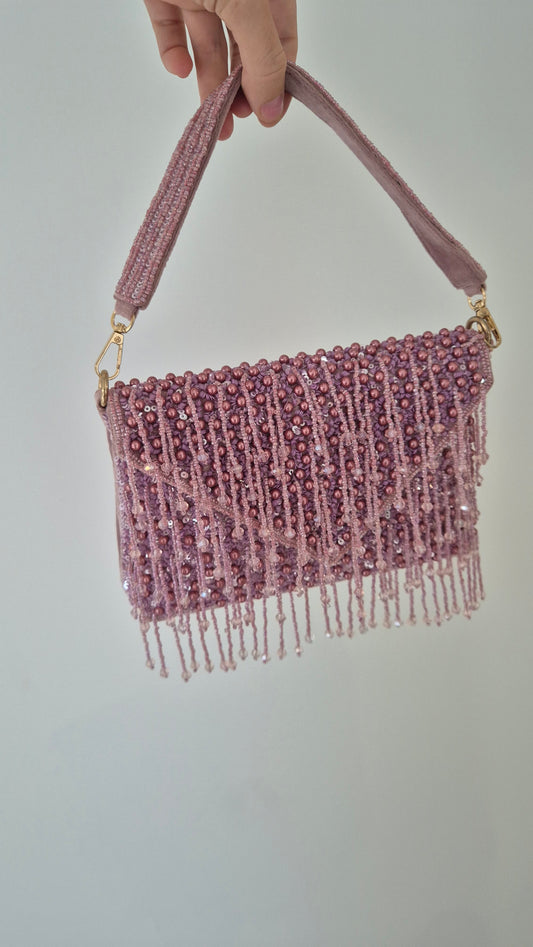 Handbag Beaded Tassel Drop Pearl Berry Pink Bag