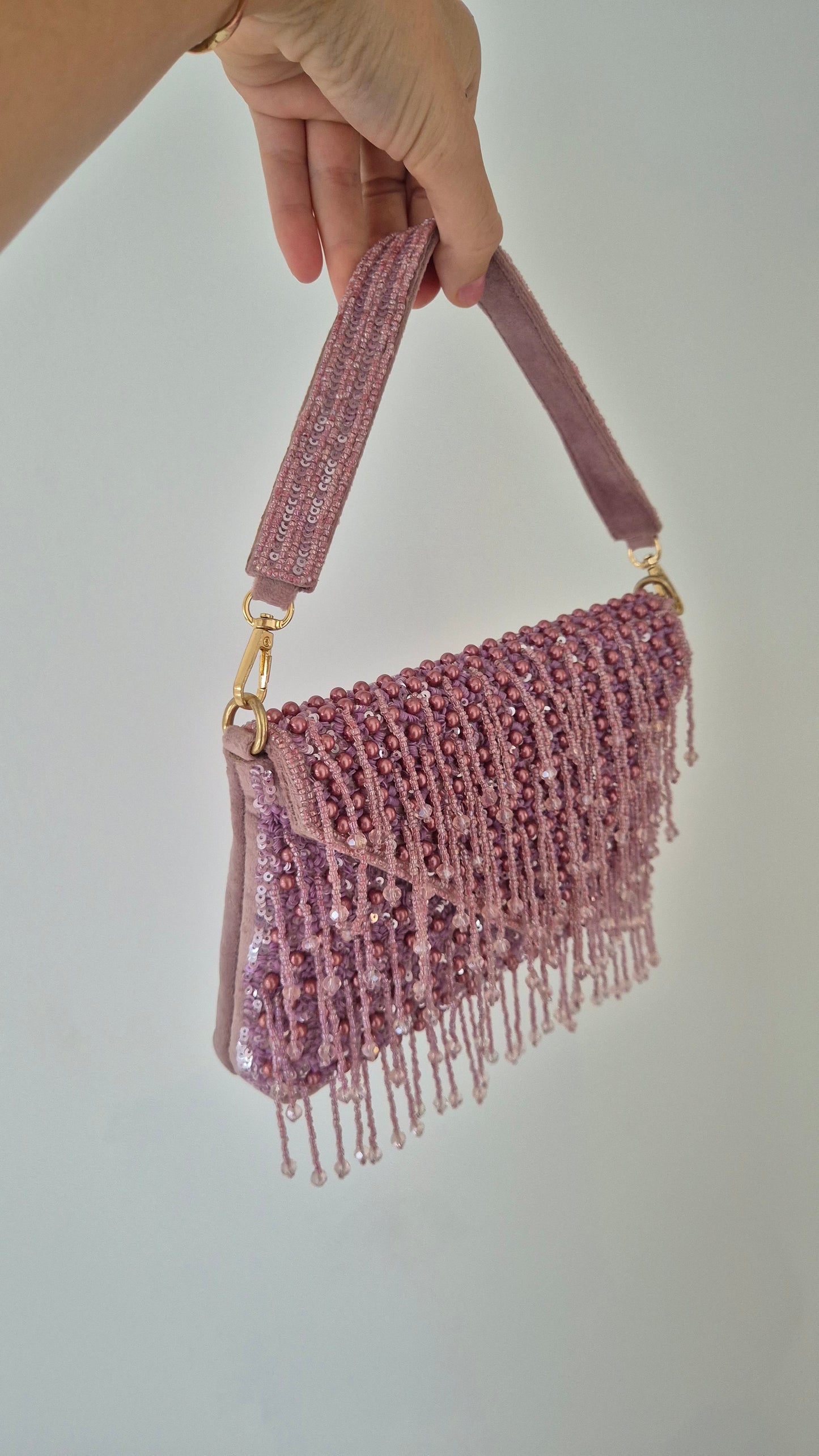 Handbag Beaded Tassel Drop Pearl Berry Pink Bag
