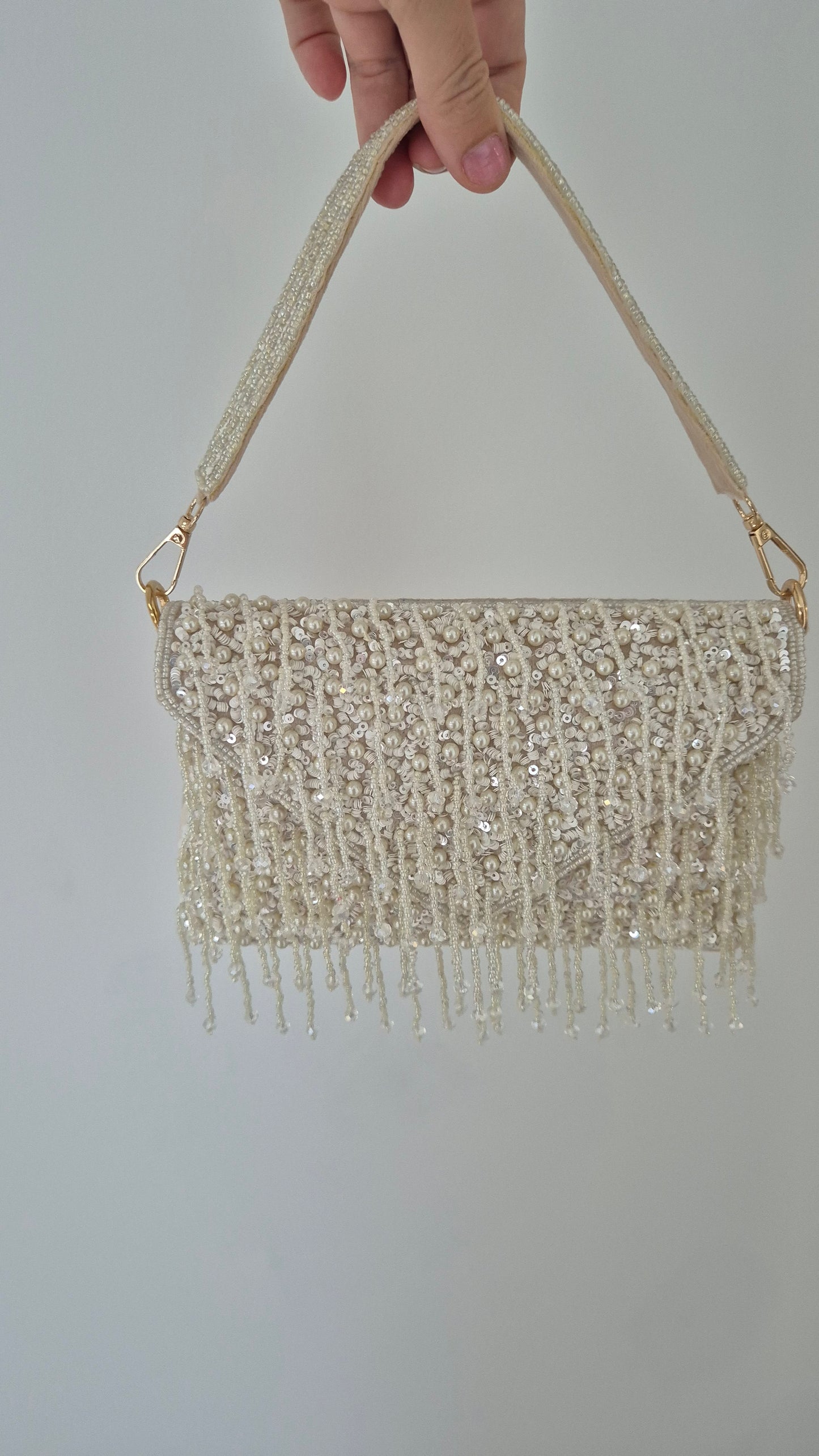 Handbag Beaded Tassel Drop Pearl Classic White Bag
