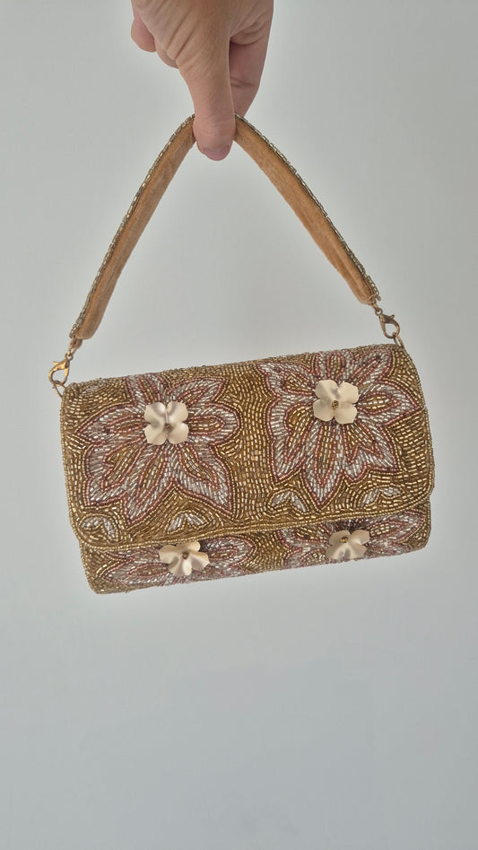 Handbag Flower Embellished Beaded Bag Gold