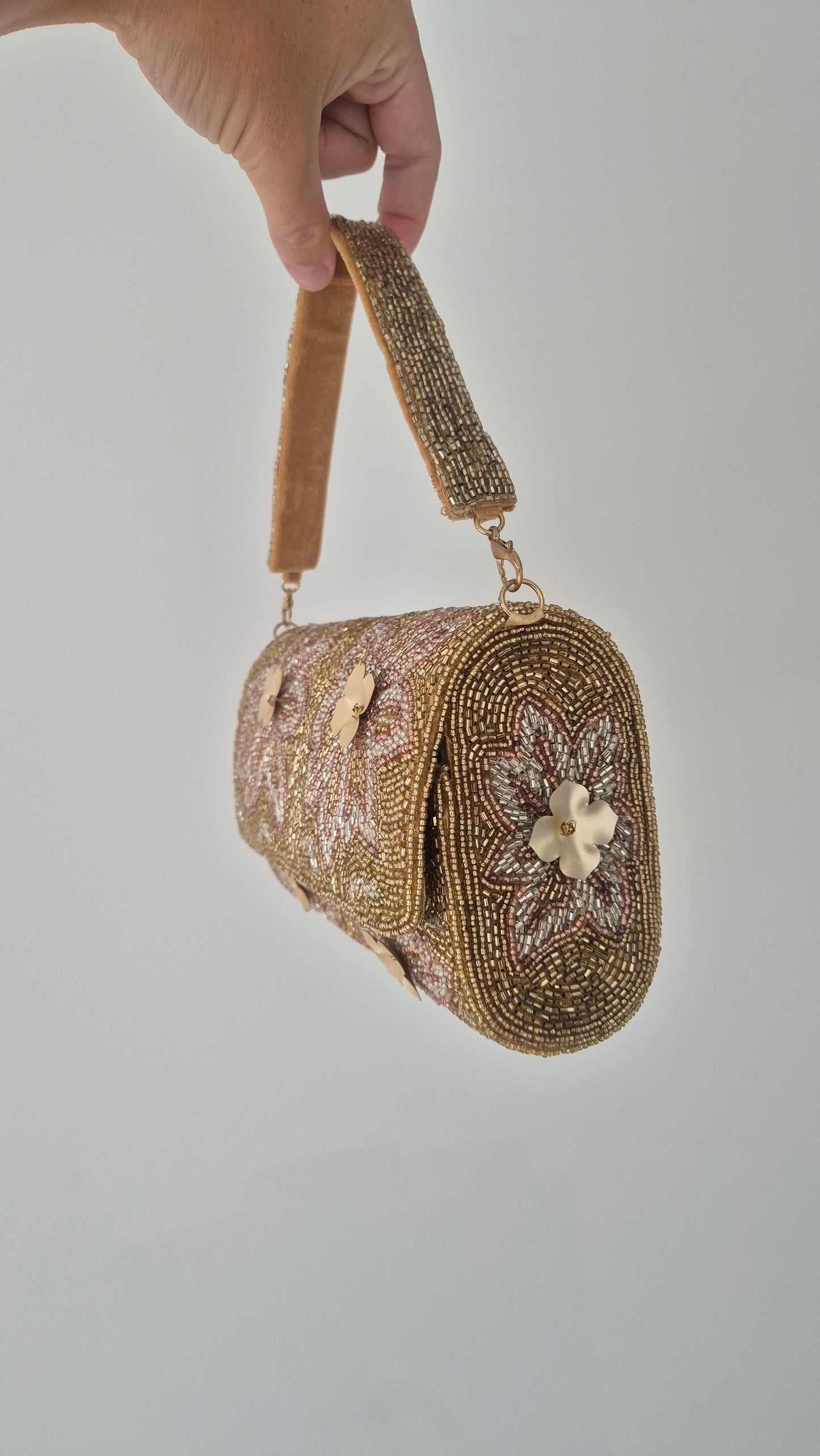 Handbag Flower Embellished Beaded Bag Gold