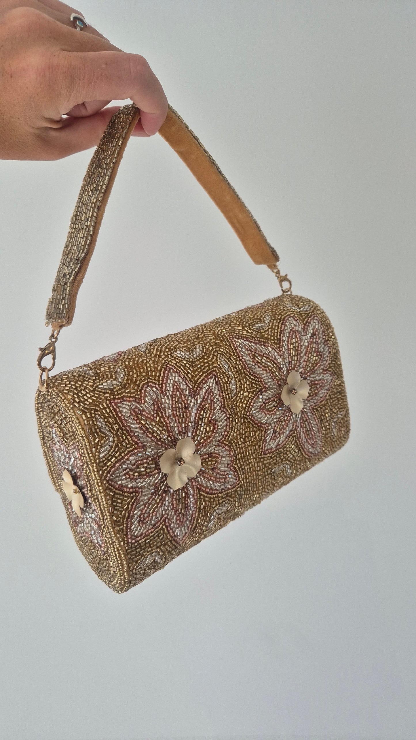 Handbag Flower Embellished Beaded Bag Gold