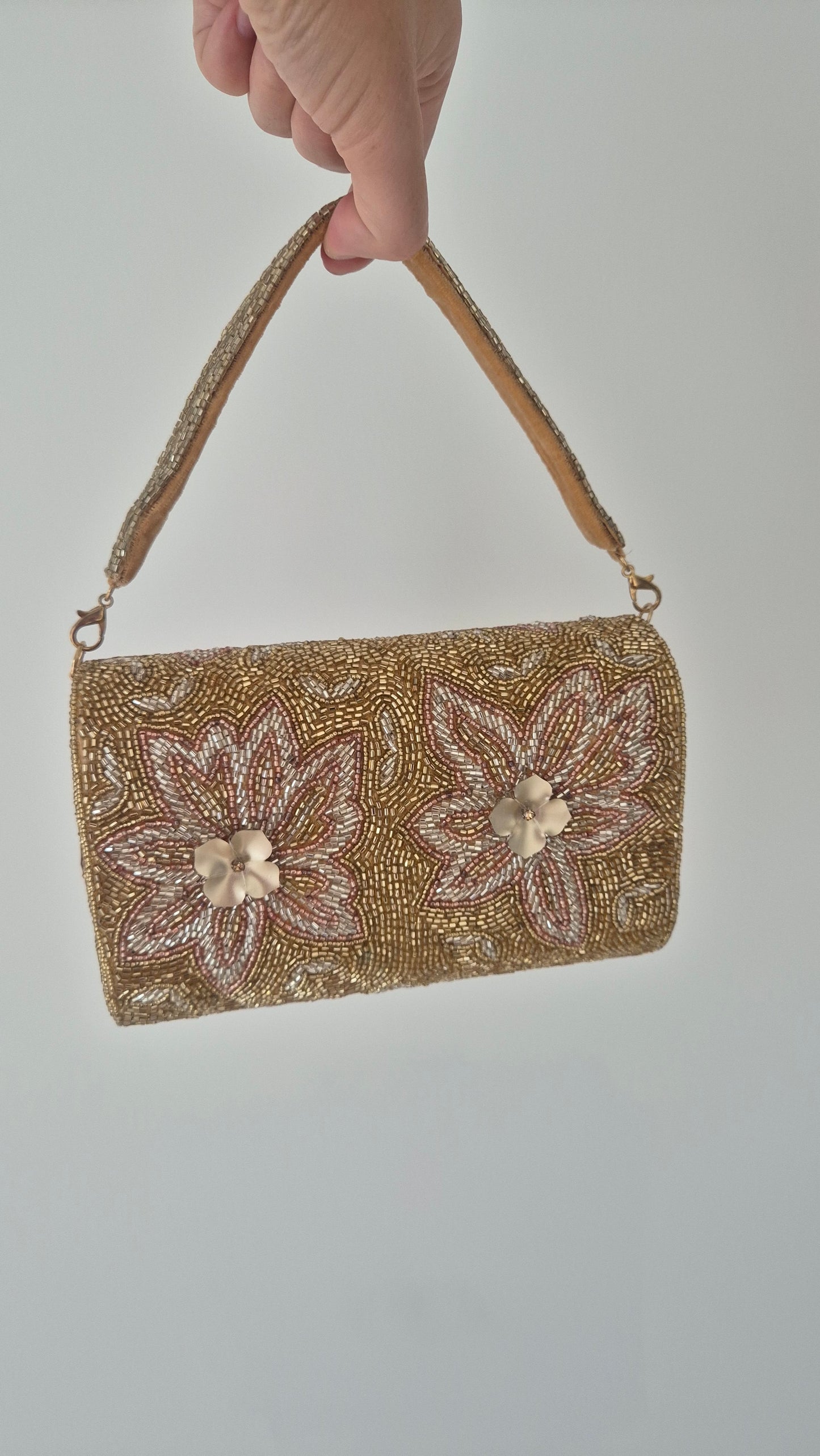 Handbag Flower Embellished Beaded Bag Gold
