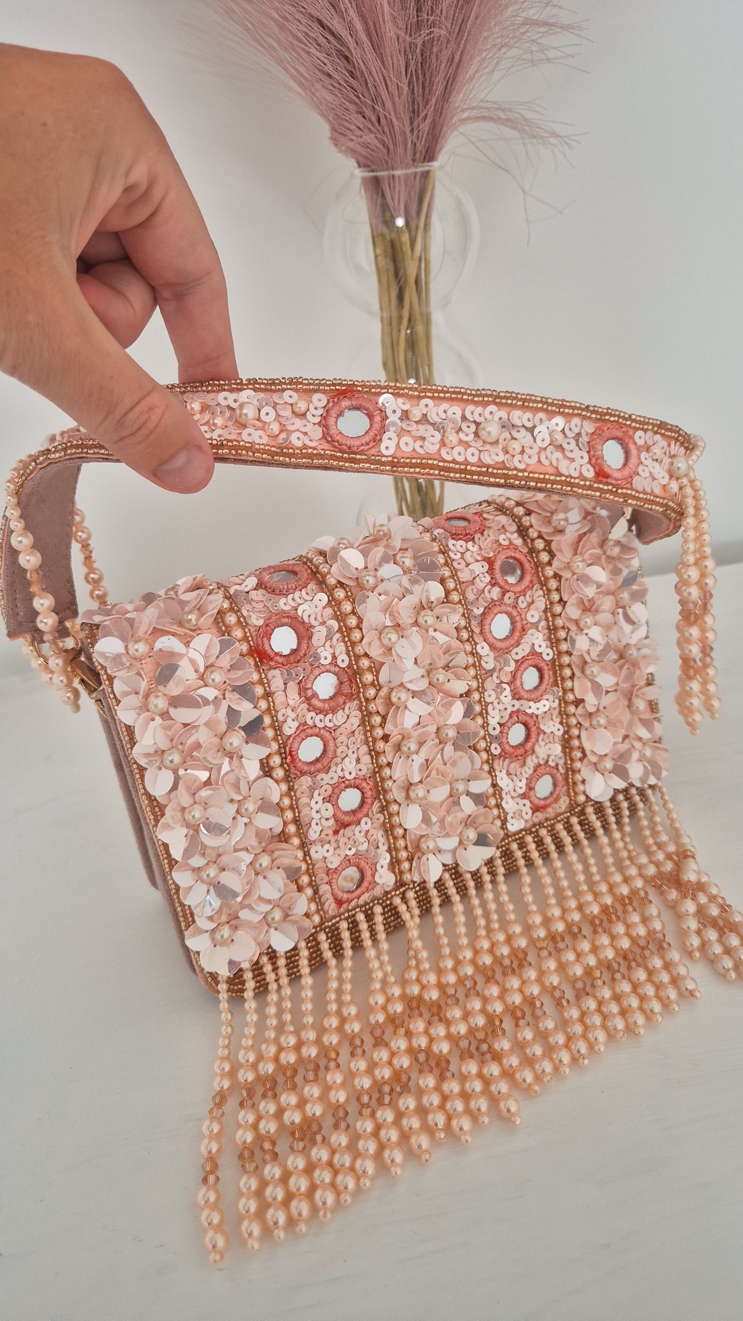Handbag Pink Pearl Flower Sequin Beaded Bag