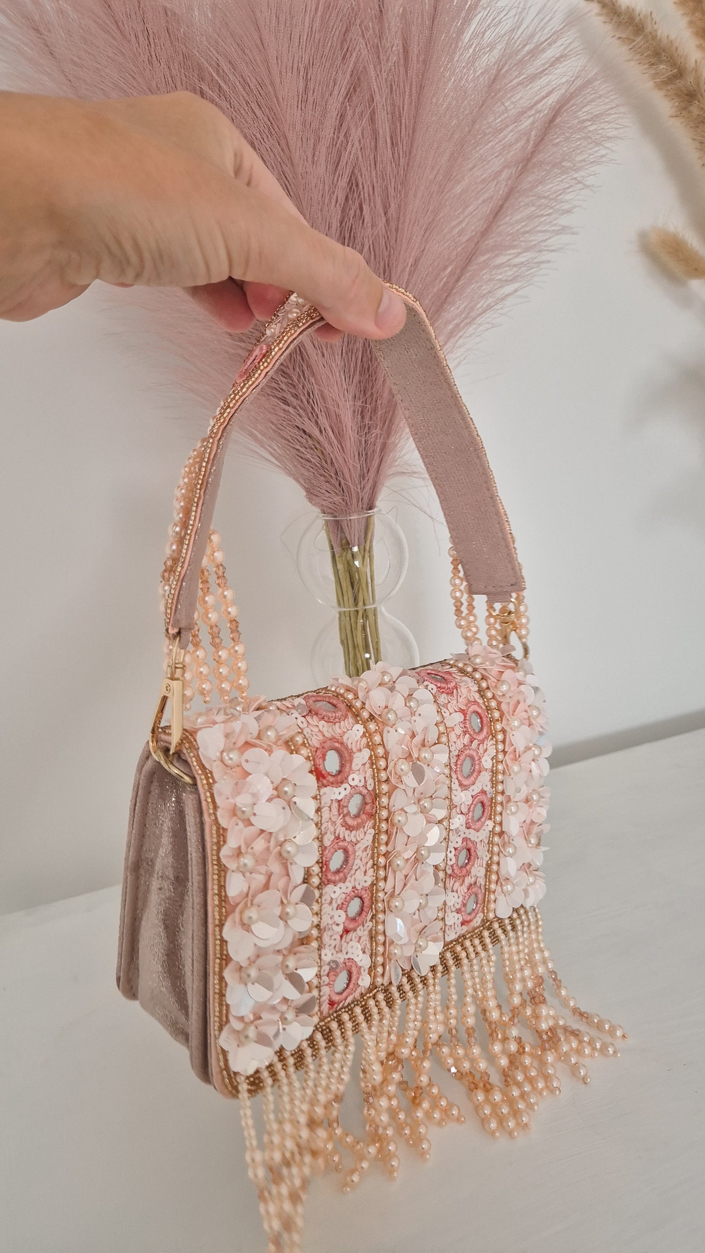 Handbag Pink Pearl Flower Sequin Beaded Bag