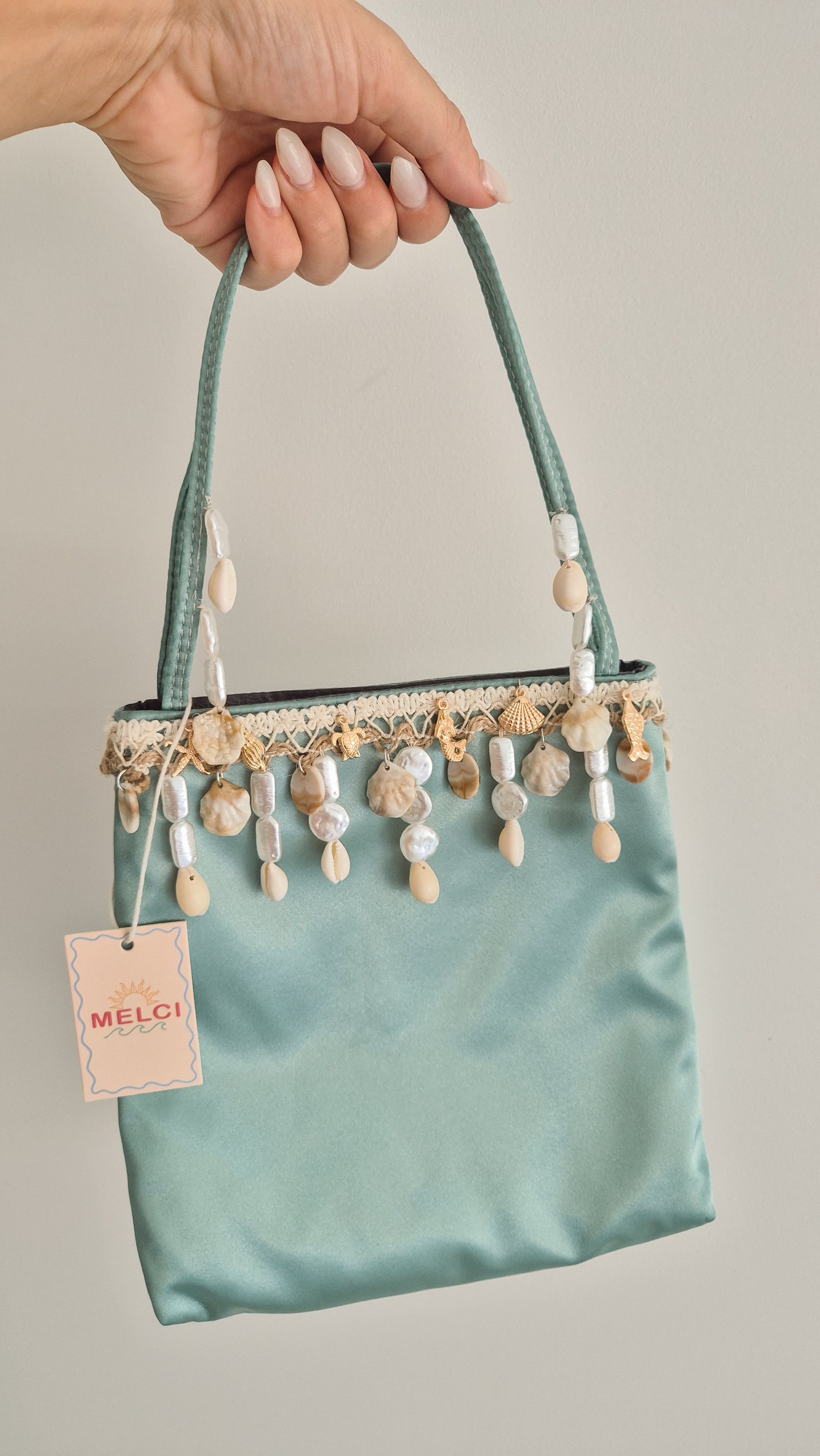 Handbag Shell Charm Drop Hand Customized Unique Bag Mint Satin