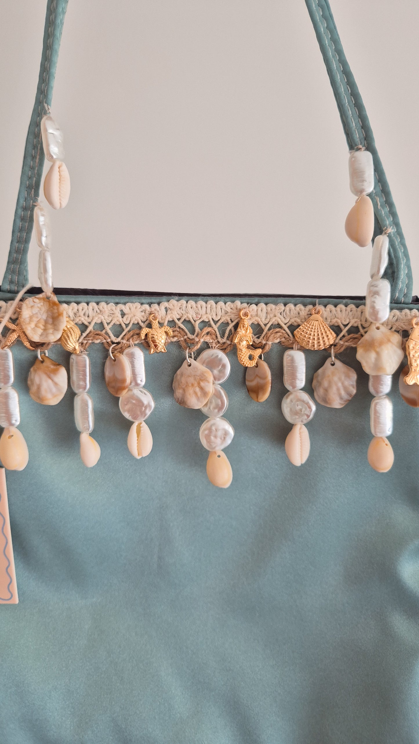 Handbag Shell Charm Drop Hand Customized Unique Bag Mint Satin