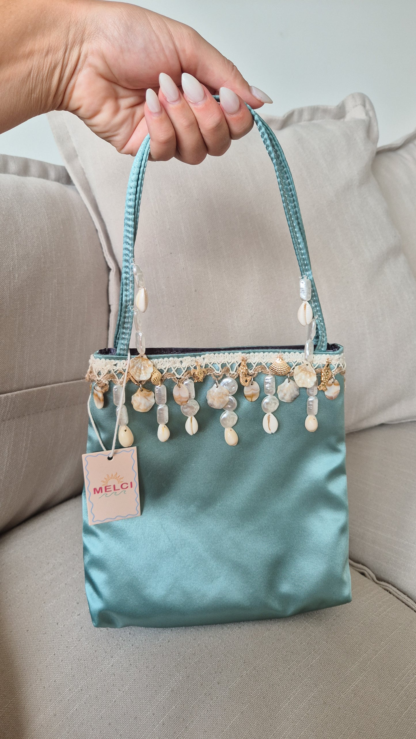 Handbag Shell Charm Drop Hand Customized Unique Bag Mint Satin