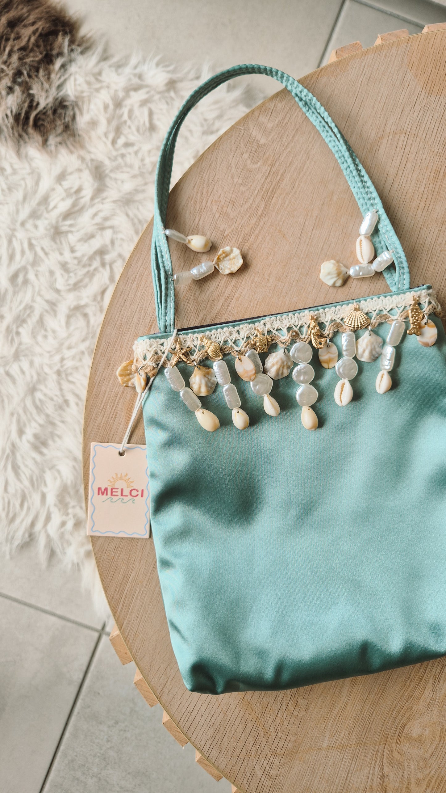 Handbag Shell Charm Drop Hand Customized Unique Bag Mint Satin