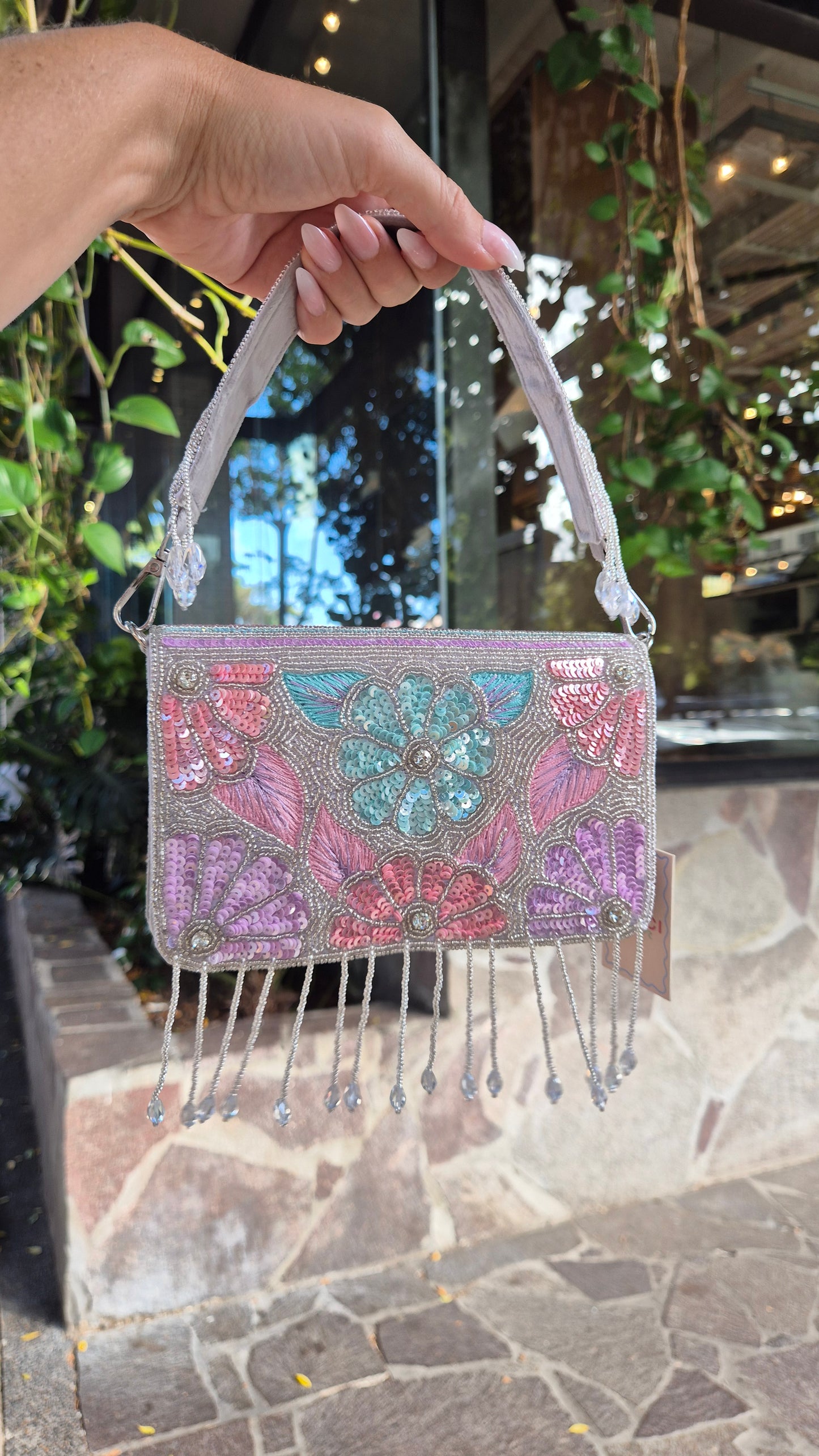 Handbag Silver Flower Tassel Sequin Beaded Bag