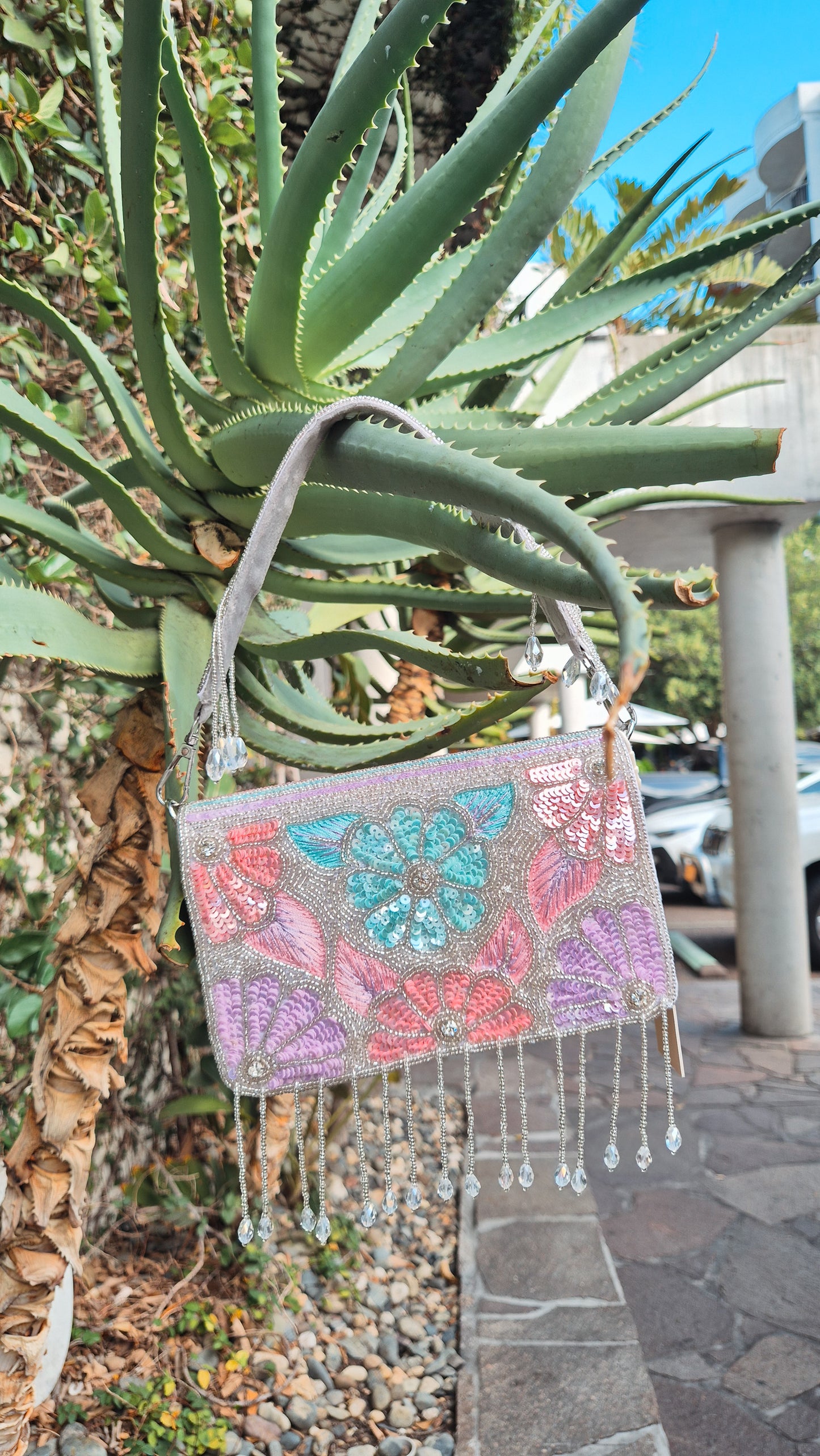 Handbag Silver Flower Tassel Sequin Beaded Bag