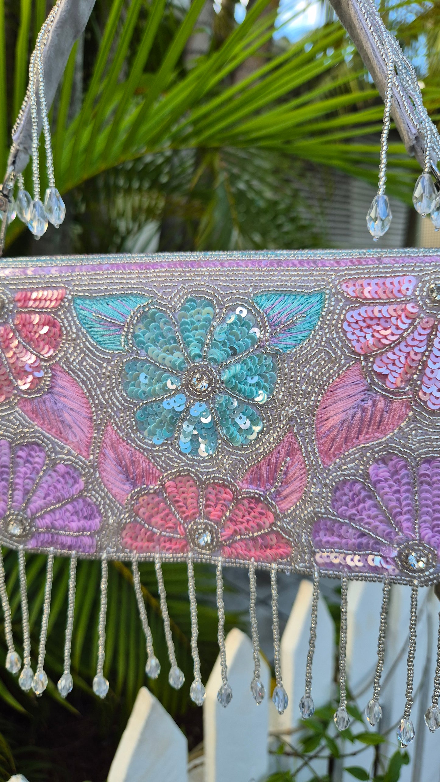 Handbag Silver Flower Tassel Sequin Beaded Bag