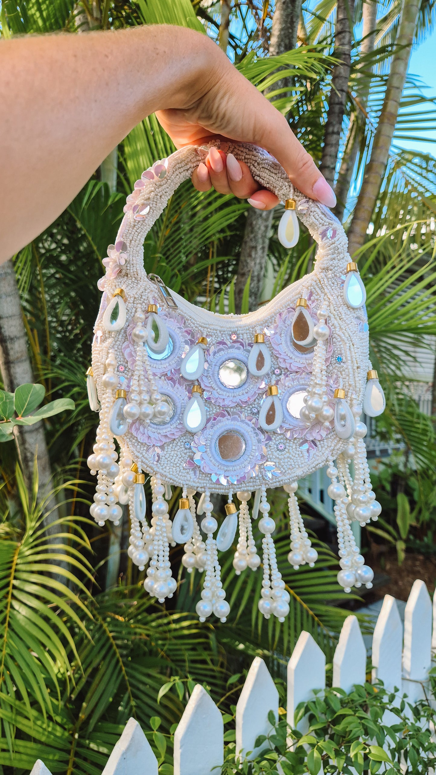 Handbag Mirror Tassle Embellished Bag White