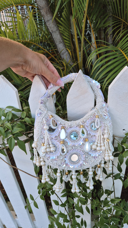 Handbag Mirror Tassle Embellished Bag White