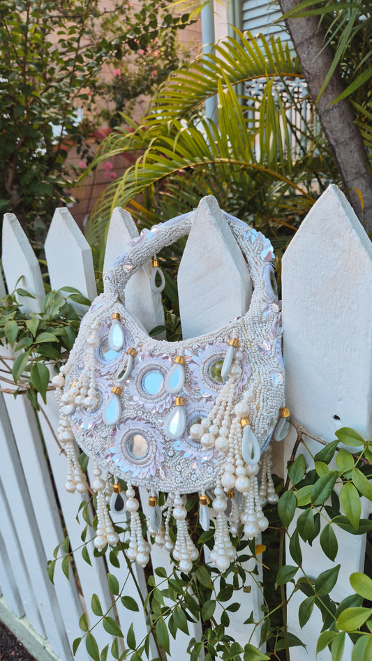 Handbag Mirror Tassle Embellished Bag White