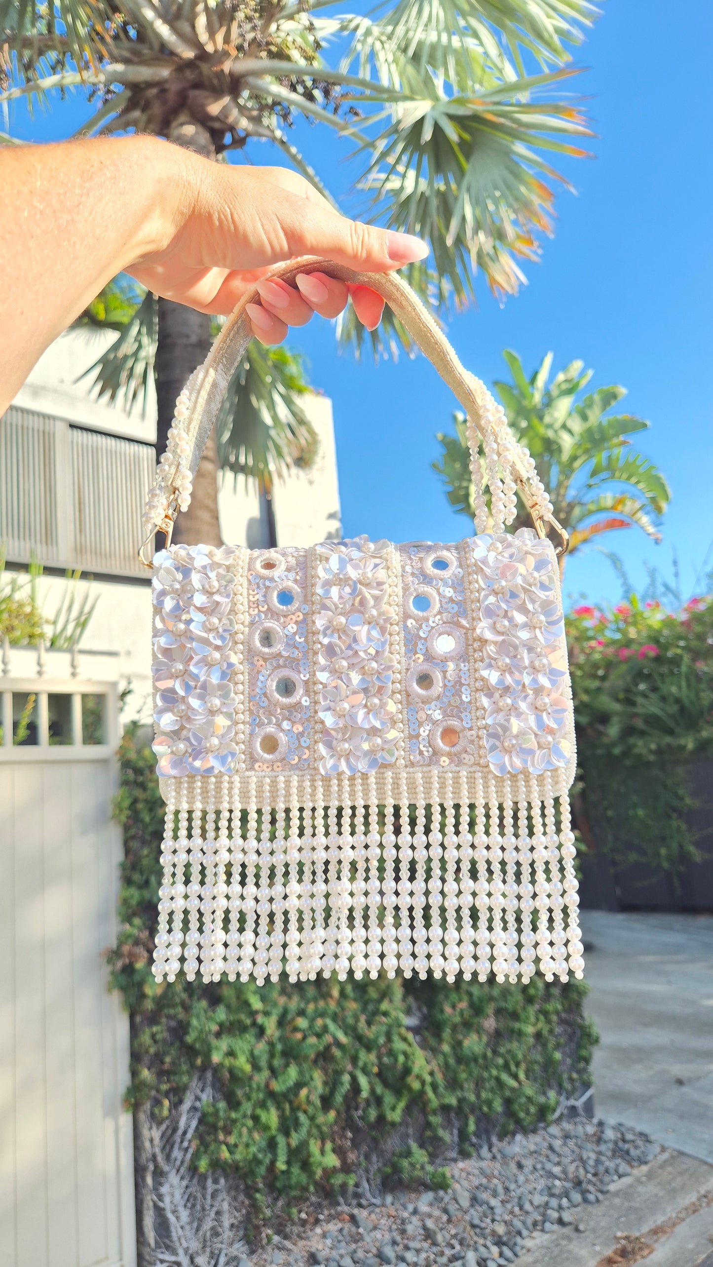 Handbag White Pearl Flower Sequin Beaded Bag