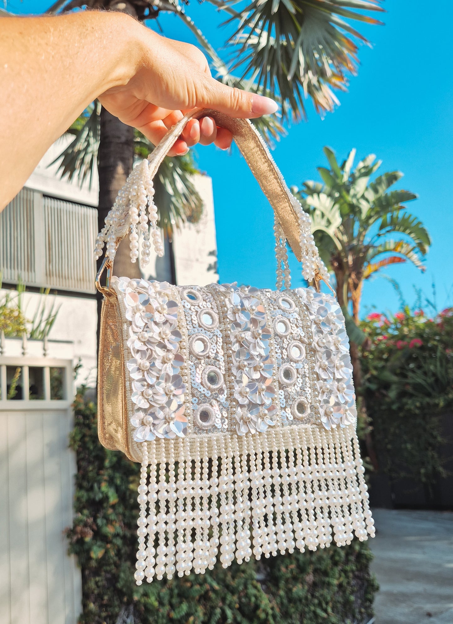 Handbag White Pearl Flower Sequin Beaded Bag