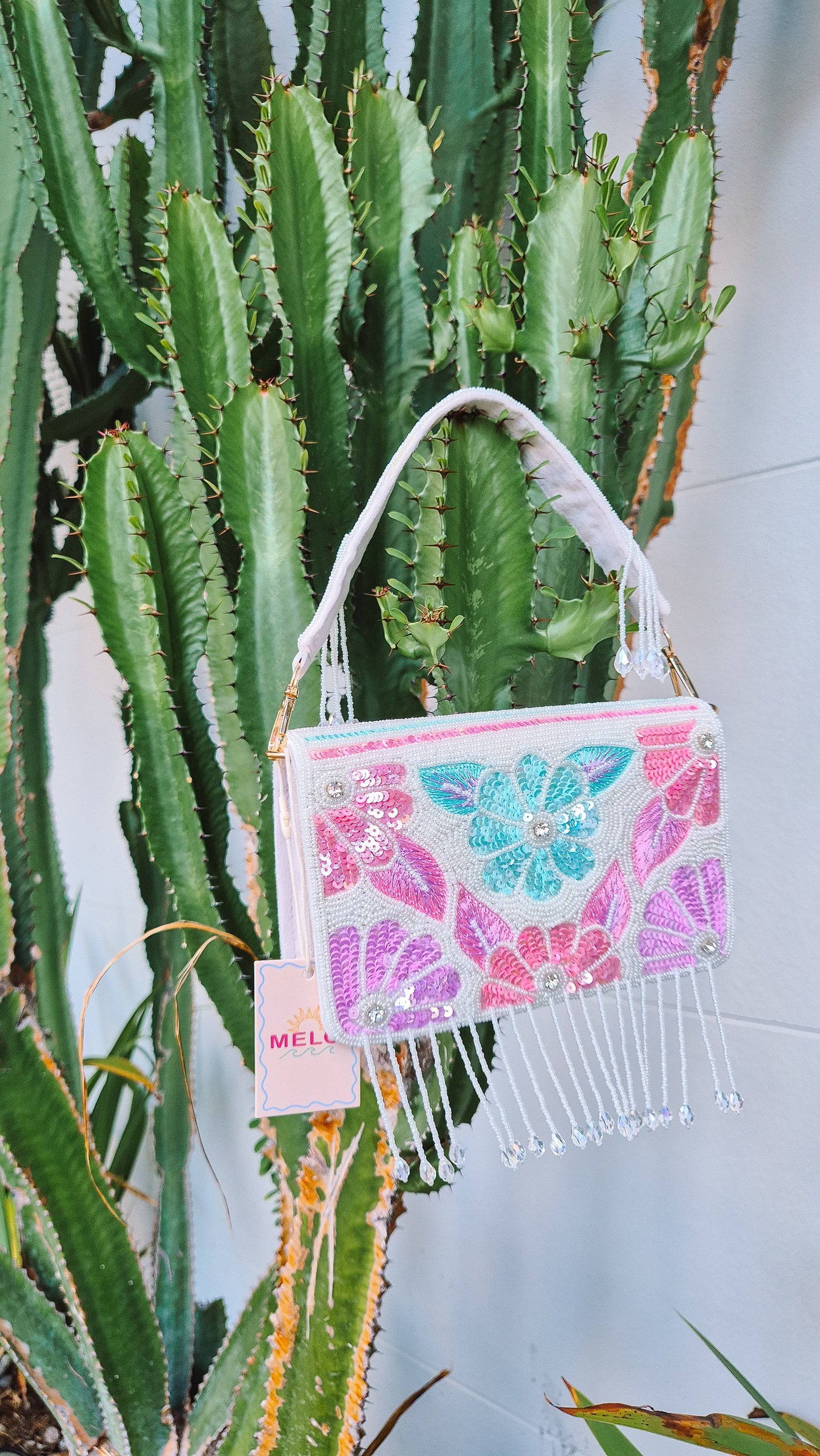 Flower Tassel Sequin Beaded Handbag White