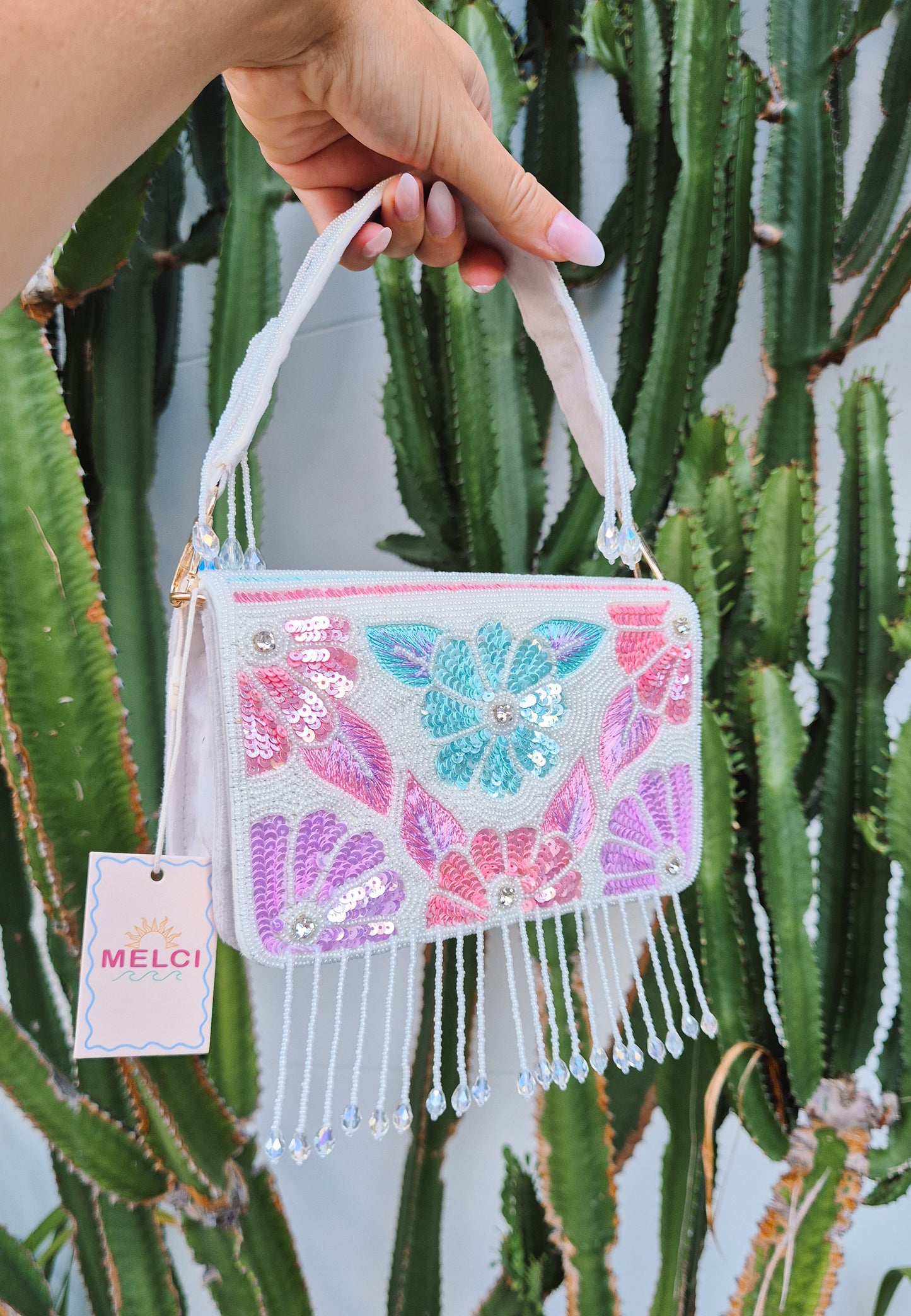 Flower Tassel Sequin Beaded Handbag White